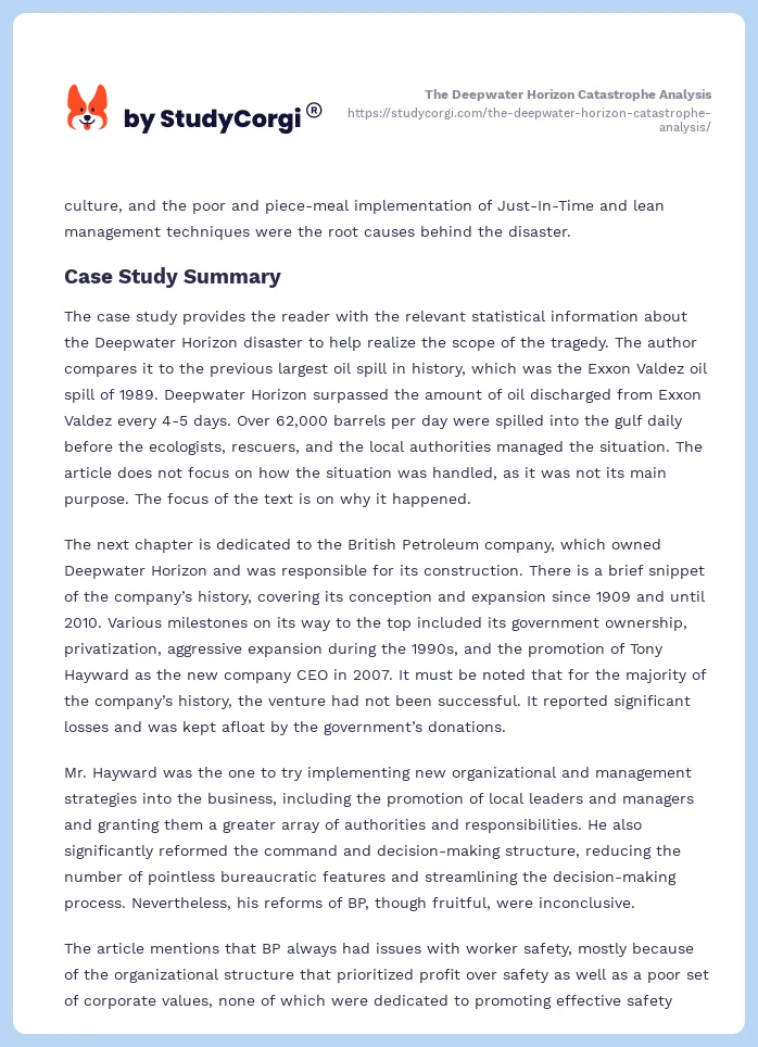 The Deepwater Horizon Catastrophe Analysis. Page 2