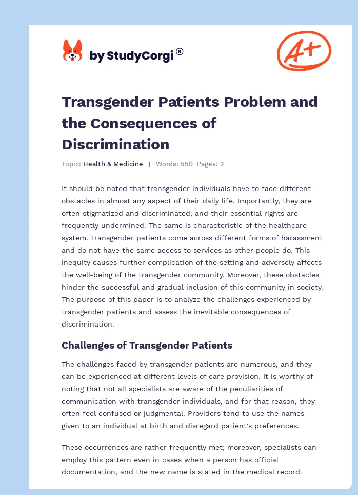 Transgender Patients Problem and the Consequences of Discrimination. Page 1