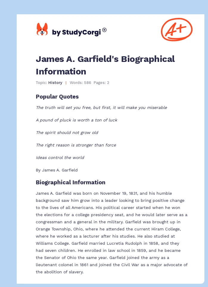 James A. Garfield's Biographical Information. Page 1