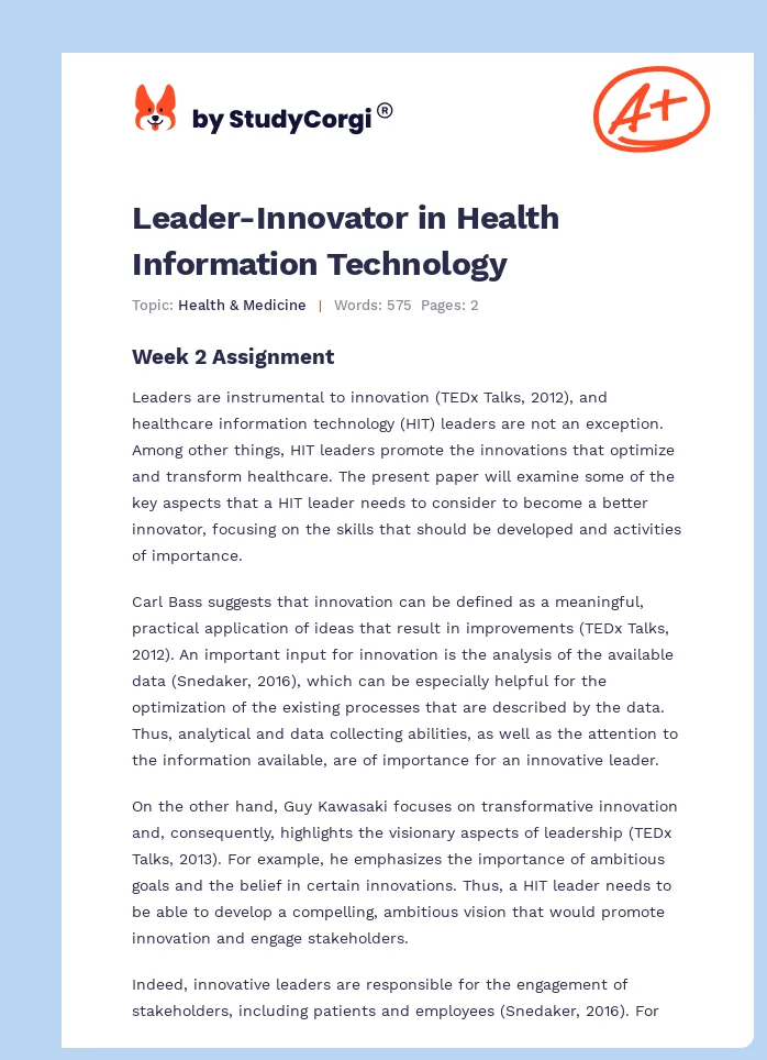 Leader-Innovator in Health Information Technology. Page 1