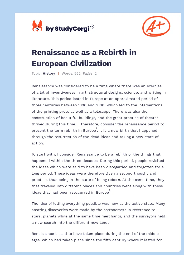 Renaissance as a Rebirth in European Civilization. Page 1