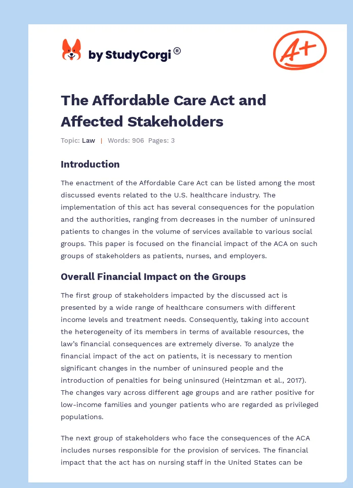 The Affordable Care Act and Affected Stakeholders. Page 1