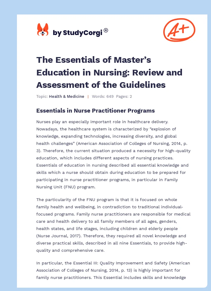 The Essentials of Master’s Education in Nursing: Review and Assessment of the Guidelines. Page 1