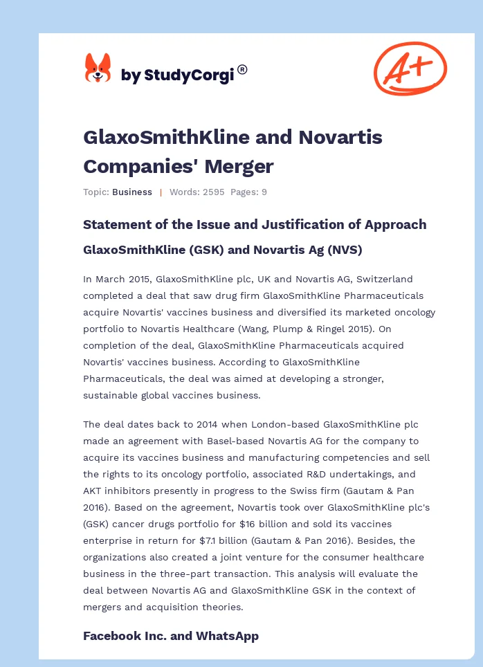 GlaxoSmithKline and Novartis Companies' Merger. Page 1