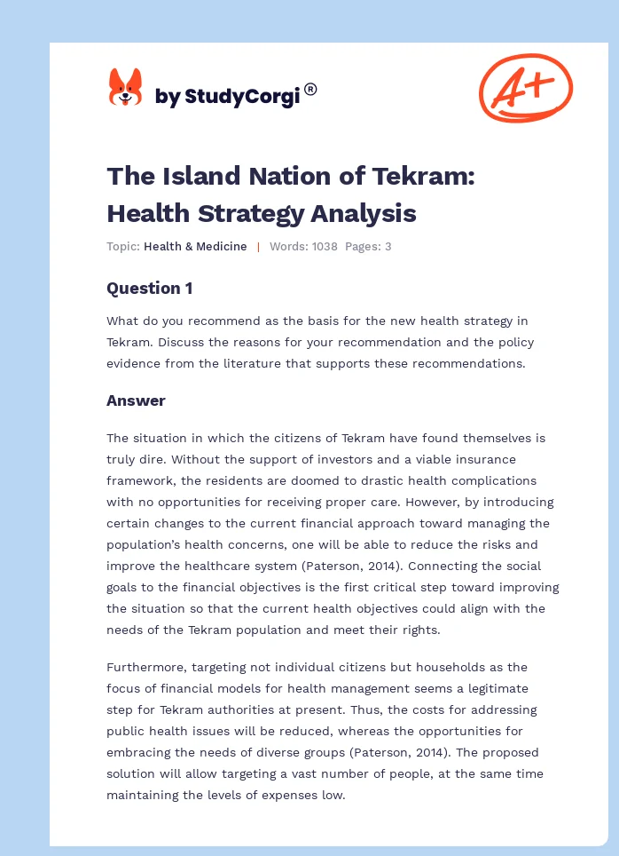 The Island Nation of Tekram: Health Strategy Analysis. Page 1
