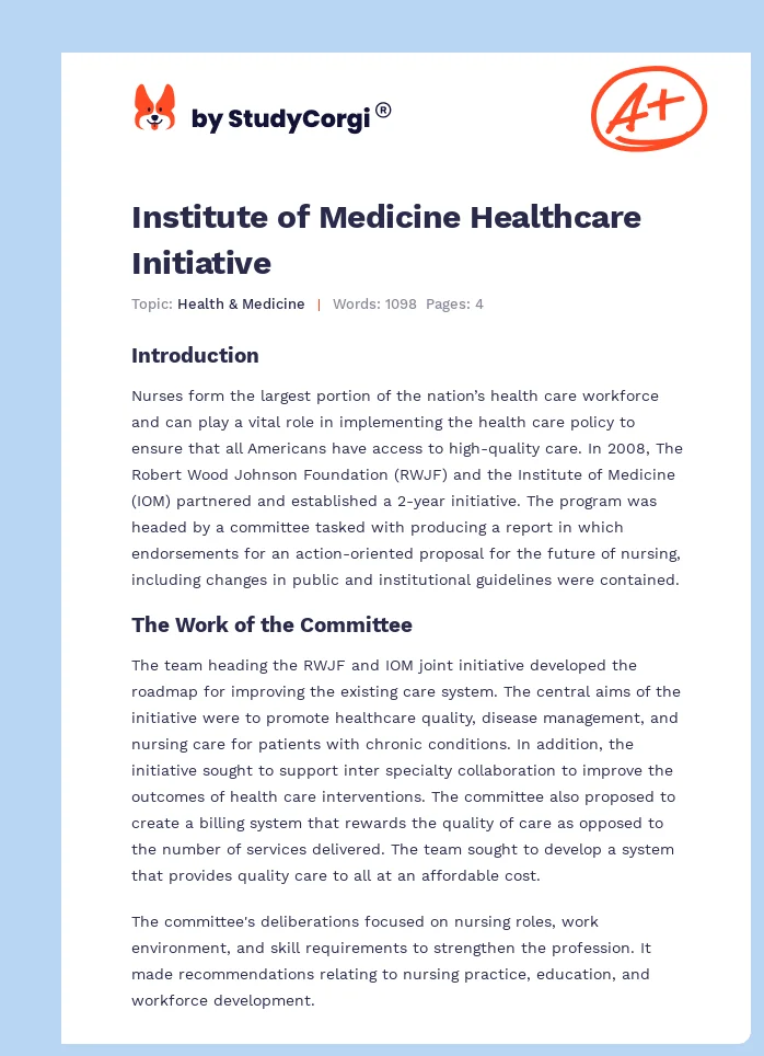 Institute of Medicine Healthcare Initiative. Page 1