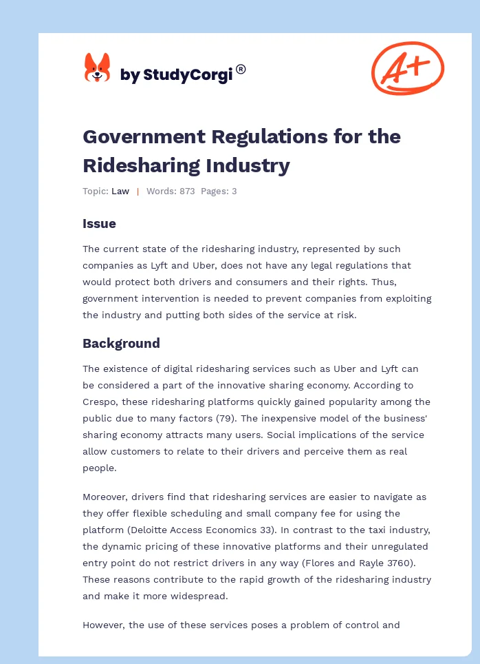 Government Regulations for the Ridesharing Industry. Page 1