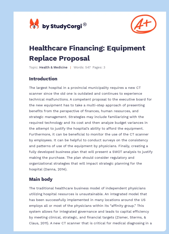 Healthcare Financing: Equipment Replace Proposal. Page 1