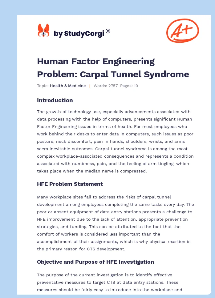 Human Factor Engineering Problem: Carpal Tunnel Syndrome. Page 1