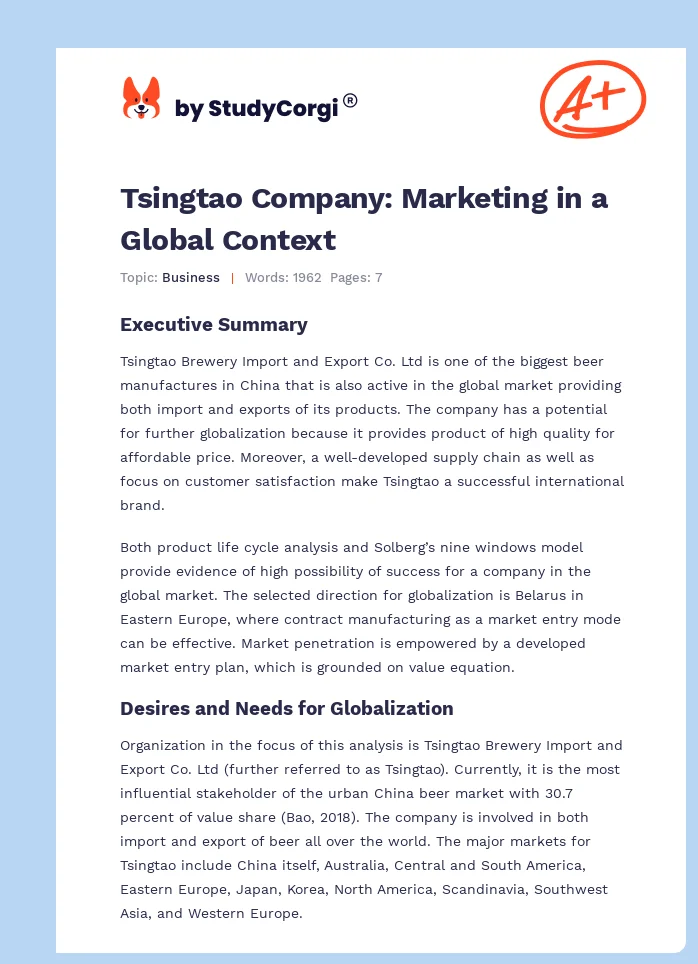 Tsingtao Company: Marketing in a Global Context. Page 1