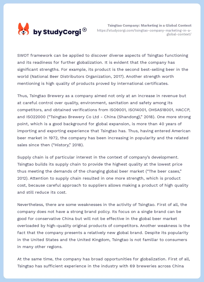 Tsingtao Company: Marketing in a Global Context. Page 2