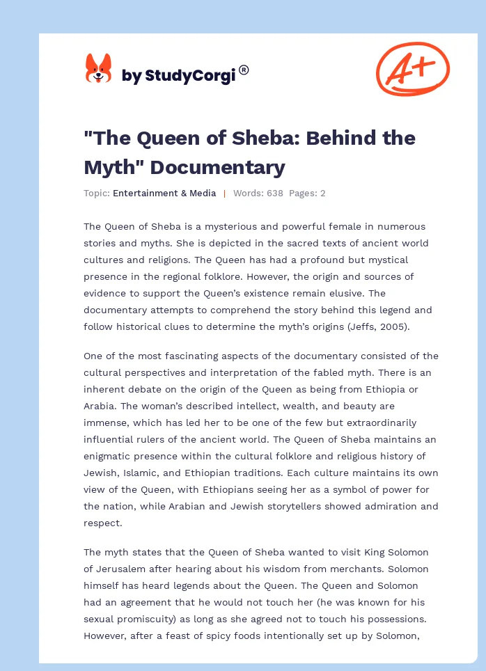 "The Queen of Sheba: Behind the Myth" Documentary. Page 1