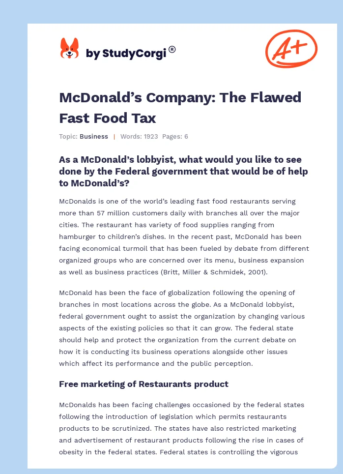 McDonald’s Company: The Flawed Fast Food Tax. Page 1