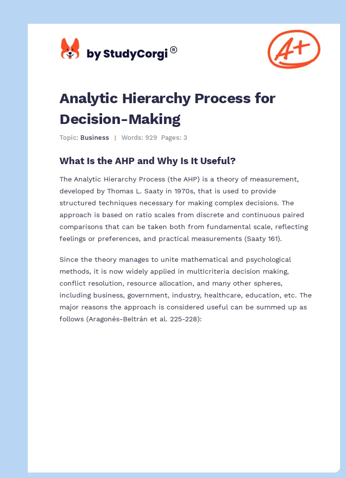 Analytic Hierarchy Process for Decision-Making. Page 1