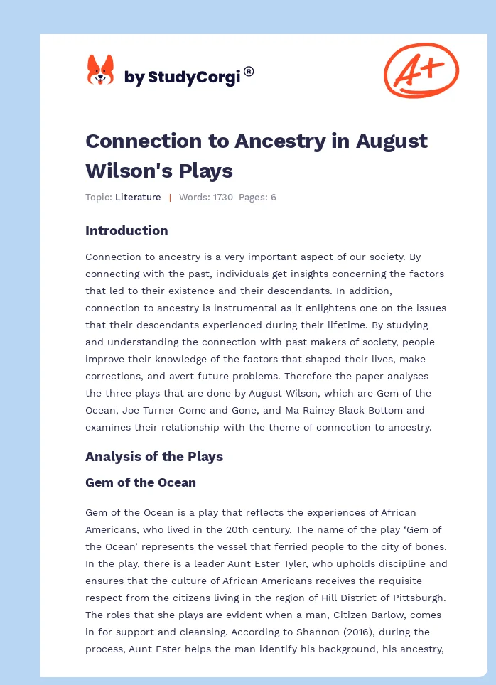 Connection to Ancestry in August Wilson's Plays. Page 1