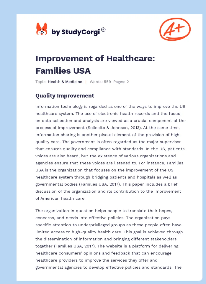 Improvement of Healthcare: Families USA. Page 1