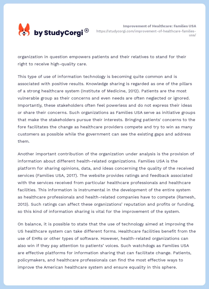 Improvement of Healthcare: Families USA. Page 2