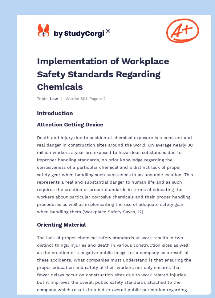 Implementation of Workplace Safety Standards Regarding Chemicals. Page 1