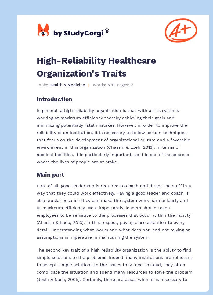 High-Reliability Healthcare Organization's Traits. Page 1