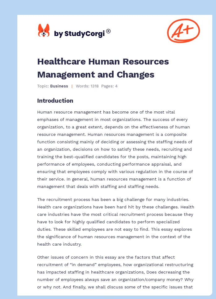 Healthcare Human Resources Management and Changes. Page 1