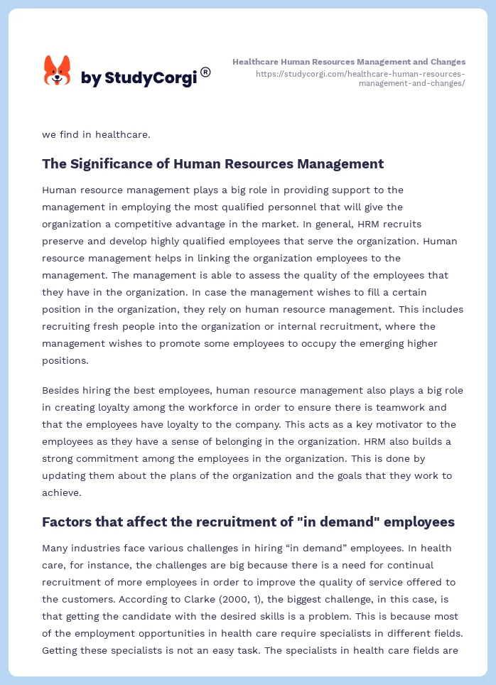 Healthcare Human Resources Management and Changes. Page 2