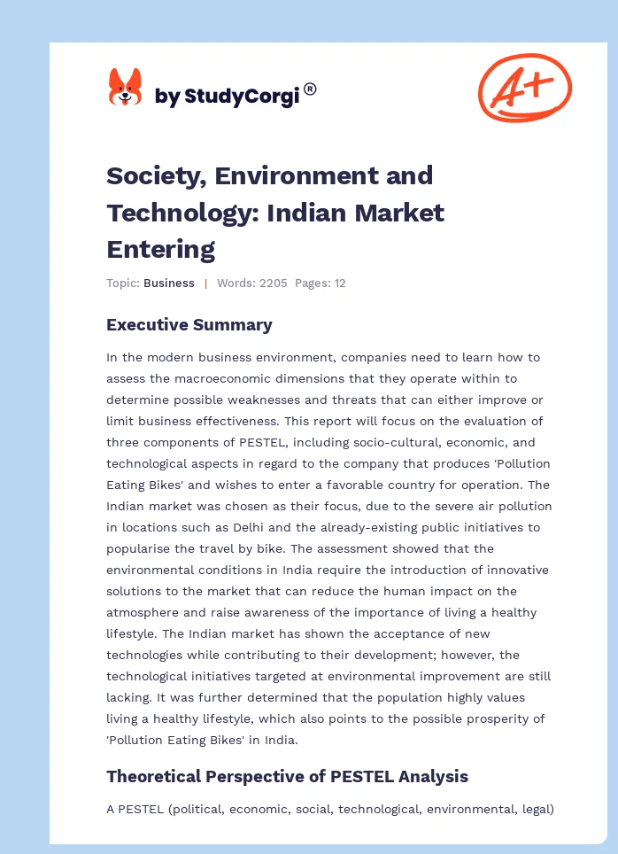 Society, Environment and Technology: Indian Market Entering. Page 1