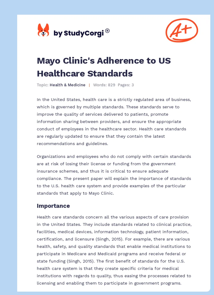 Mayo Clinic's Adherence to US Healthcare Standards. Page 1