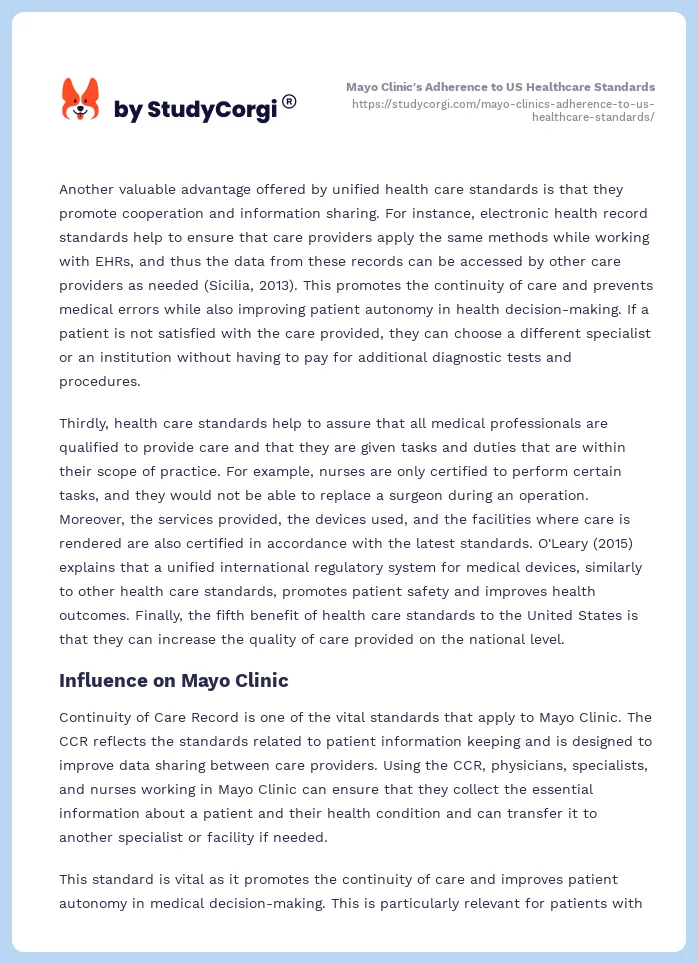 Mayo Clinic's Adherence to US Healthcare Standards. Page 2
