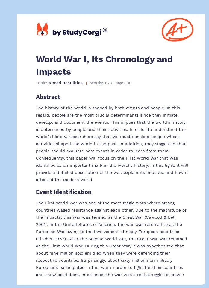 World War I, Its Chronology and Impacts. Page 1