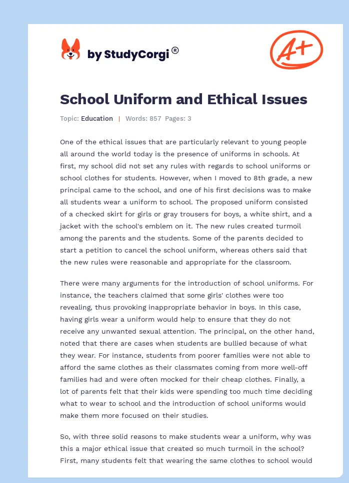 School Uniform and Ethical Issues. Page 1