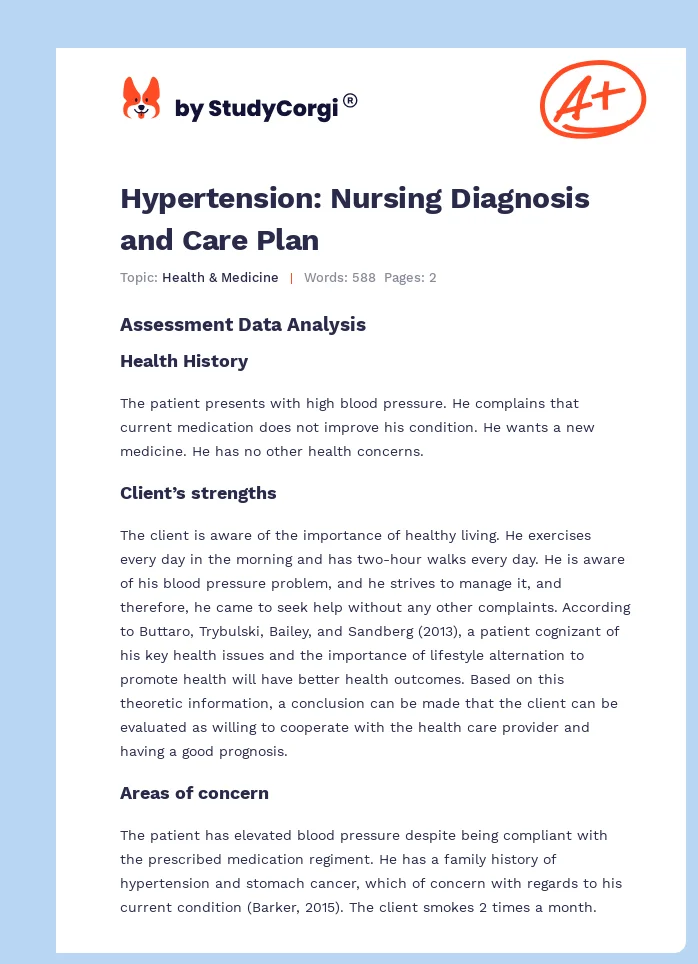 Hypertension: Nursing Diagnosis and Care Plan. Page 1