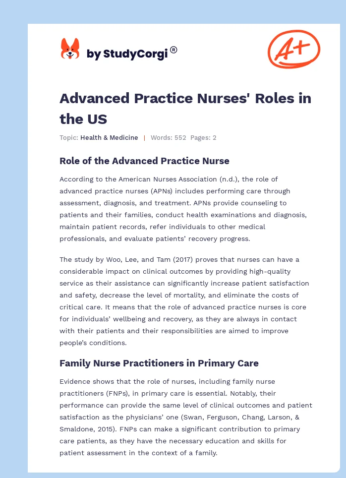 Advanced Practice Nurses' Roles in the US. Page 1