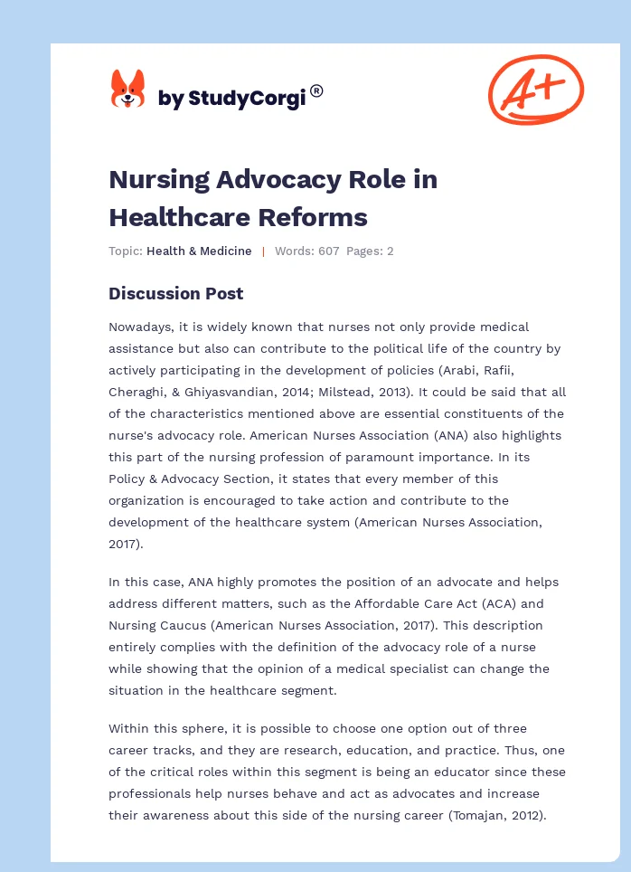 Nursing Advocacy Role in Healthcare Reforms. Page 1