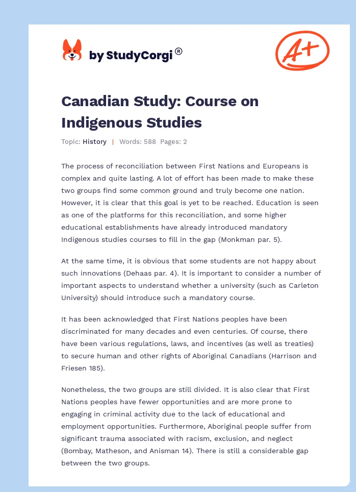 Canadian Study: Course on Indigenous Studies. Page 1