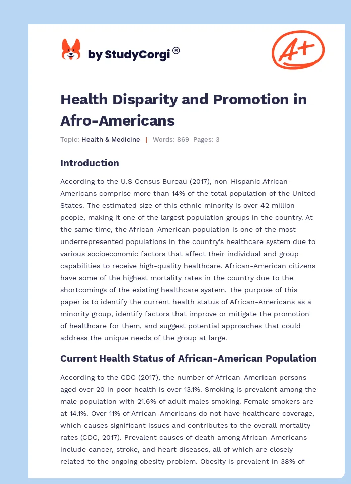 Health Disparity and Promotion in Afro-Americans. Page 1