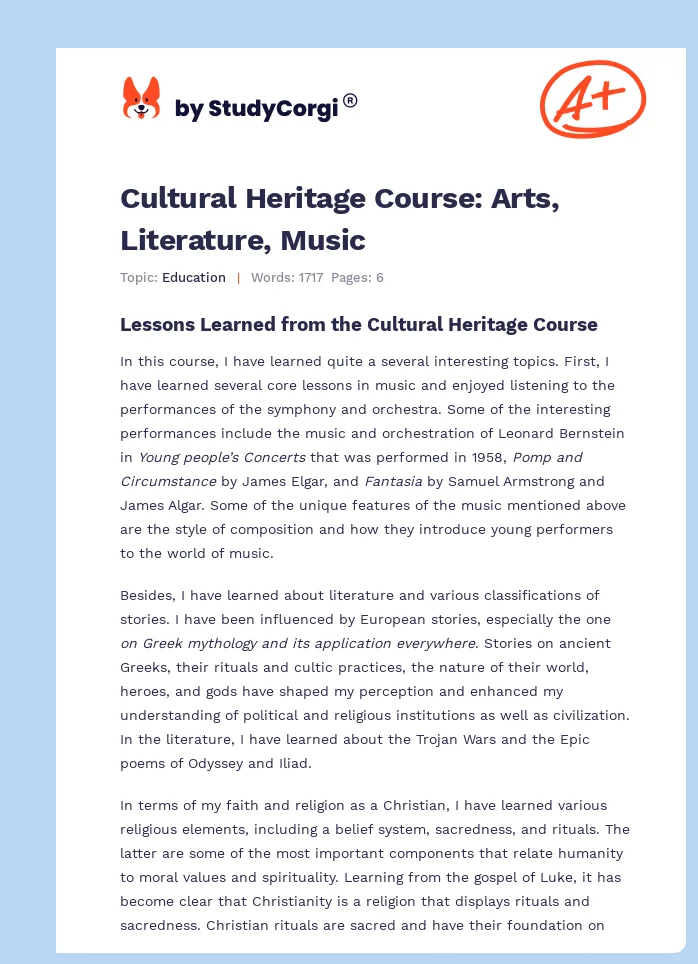 Cultural Heritage Course: Arts, Literature, Music. Page 1