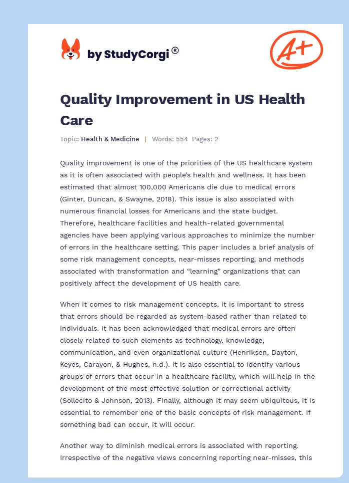 Quality Improvement in US Health Care. Page 1