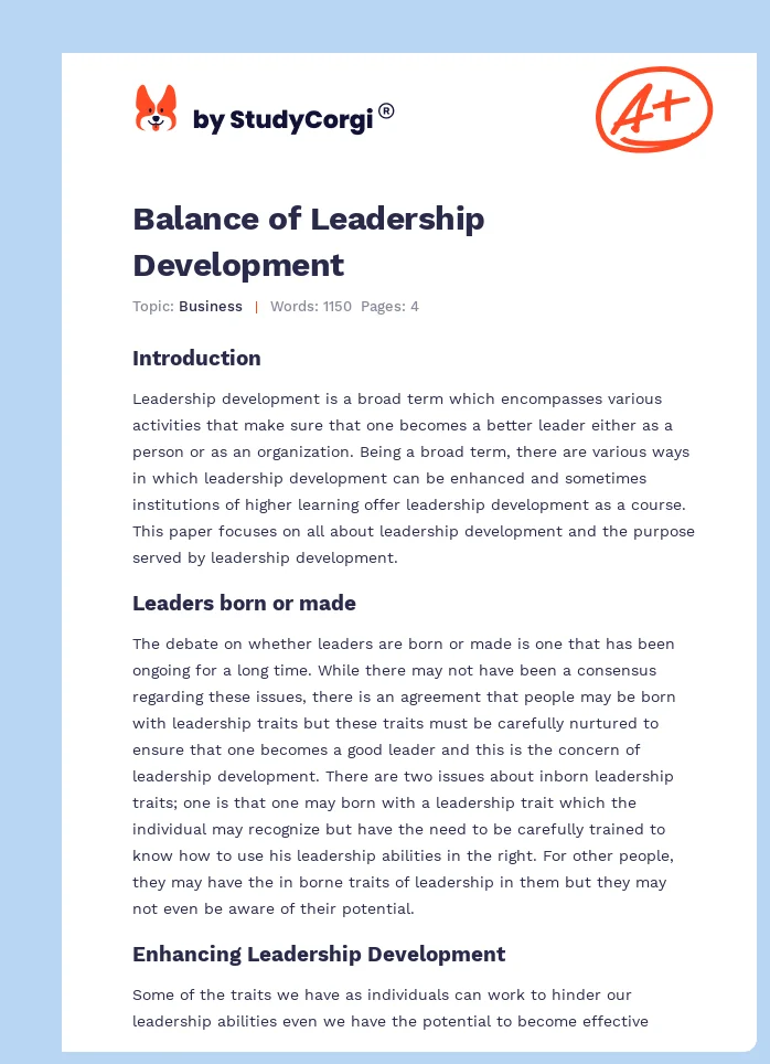 Balance of Leadership Development. Page 1