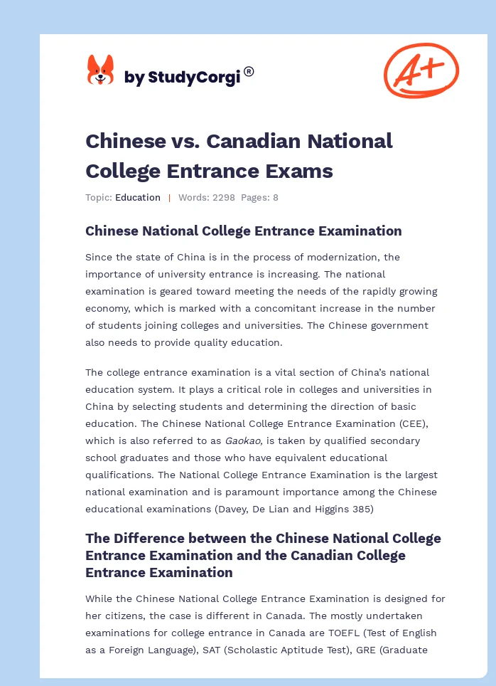 Chinese vs. Canadian National College Entrance Exams. Page 1