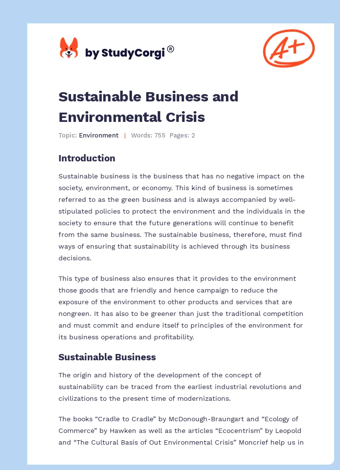 Sustainable Business and Environmental Crisis. Page 1
