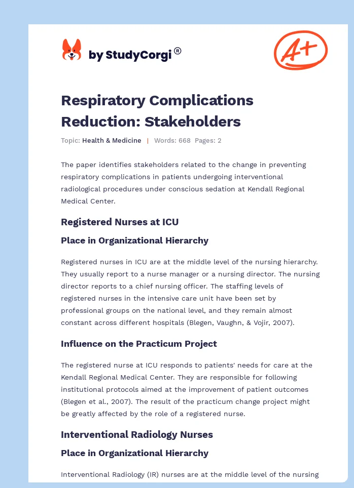 Respiratory Complications Reduction: Stakeholders. Page 1