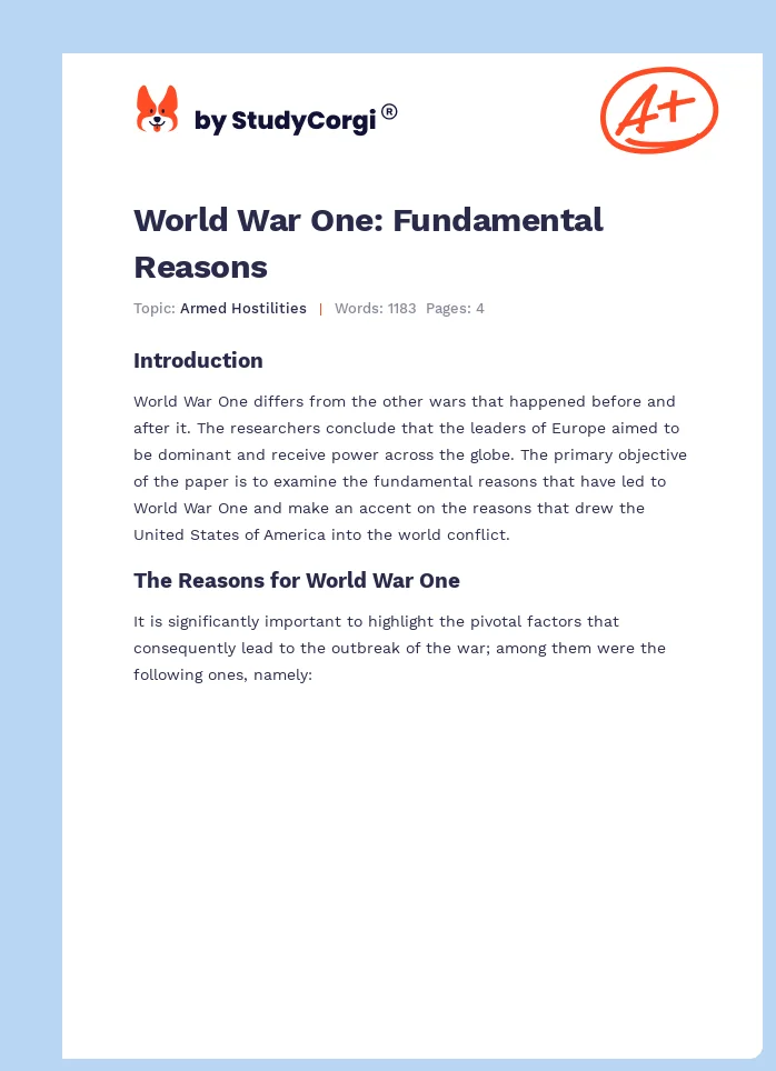 World War One: Fundamental Reasons. Page 1