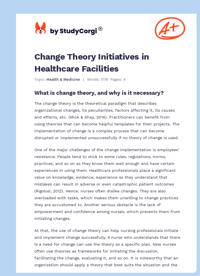 Change Theory Initiatives in Healthcare Facilities. Page 1