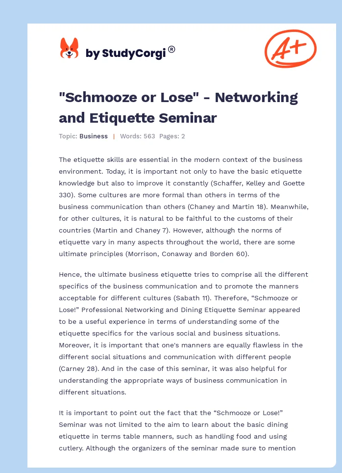 "Schmooze or Lose" - Networking and Etiquette Seminar. Page 1