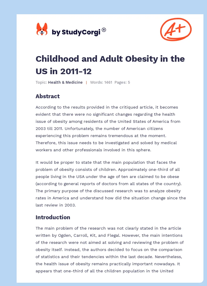 Childhood and Adult Obesity in the US in 2011-12. Page 1