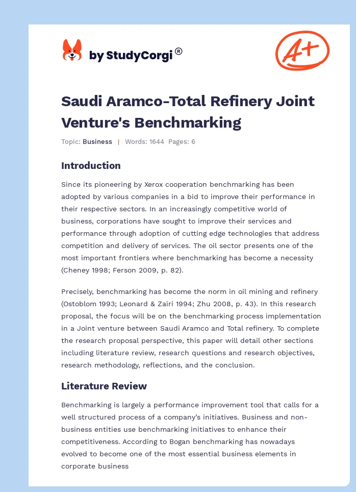 Saudi Aramco-Total Refinery Joint Venture's Benchmarking. Page 1