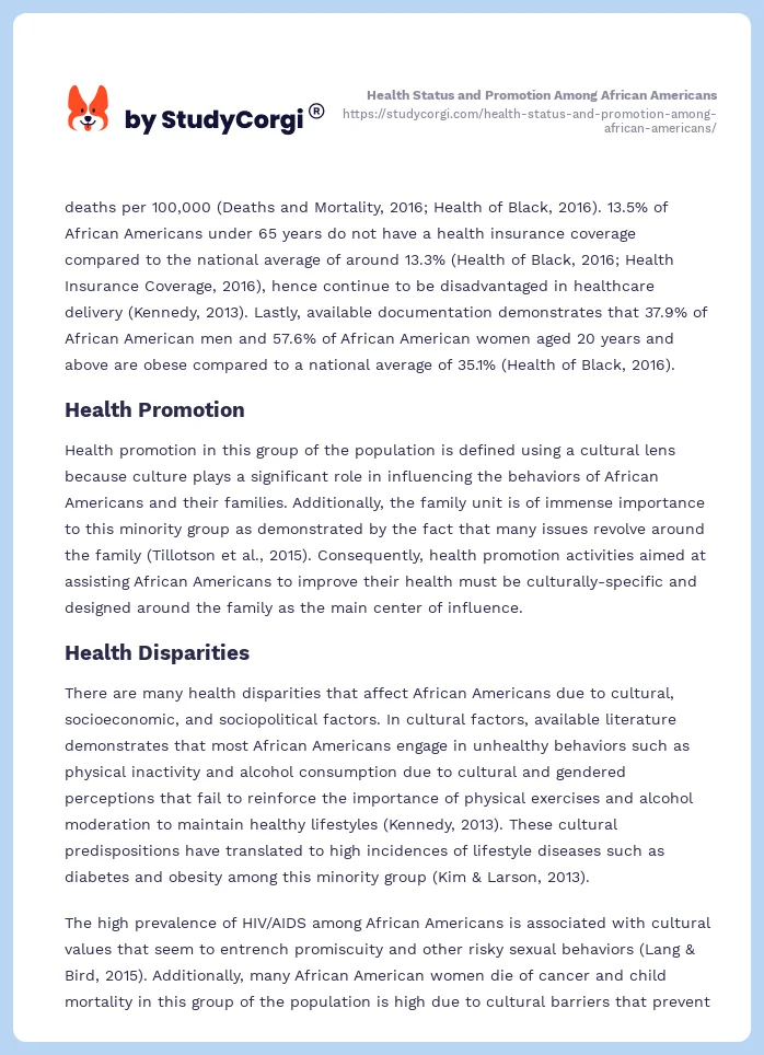 Health Status and Promotion Among African Americans. Page 2