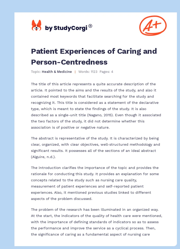Patient Experiences of Caring and Person-Centredness. Page 1