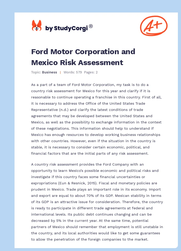 Ford Motor Corporation and Mexico Risk Assessment. Page 1