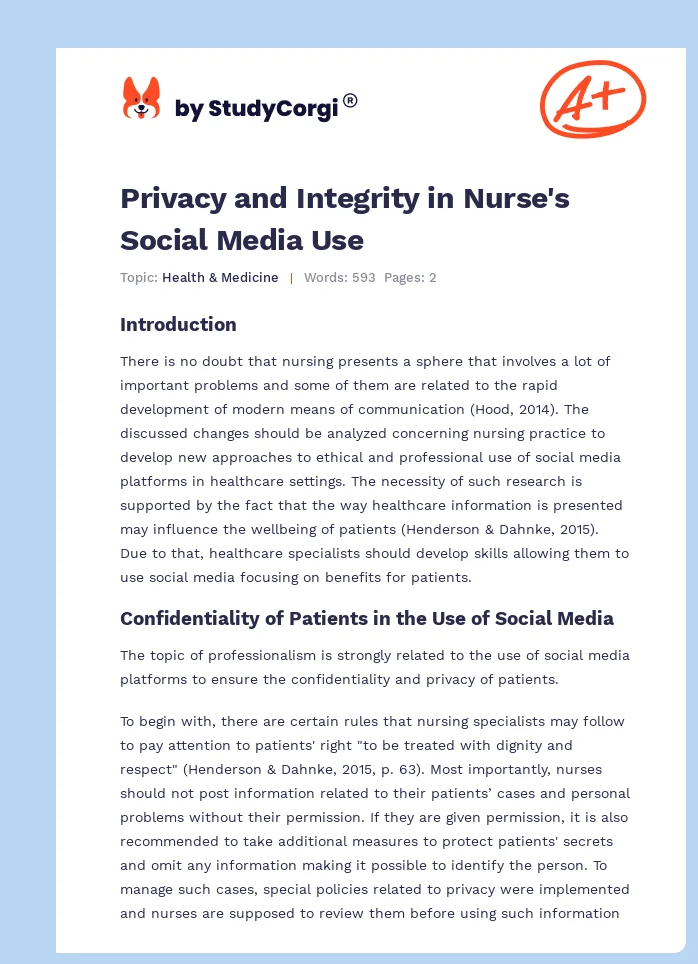 Privacy and Integrity in Nurse's Social Media Use. Page 1